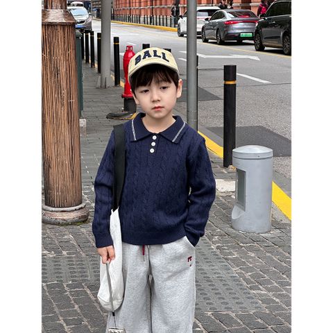 Ambbkids 2024-Áo Len Polo Có Cổ Vặn Thừng Dày Dặn, Dáng Ôm Vừa Co Dãn Mềm Mại Cho Bé Trai Ambbkids Thu Đông Hàn Quốc
