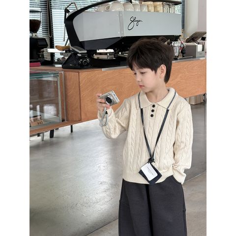 Ambbkids 2024-Áo Len Polo Có Cổ Vặn Thừng Dày Dặn, Dáng Ôm Vừa Co Dãn Mềm Mại Cho Bé Trai Ambbkids Thu Đông Hàn Quốc