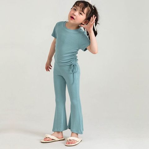 Bộ Áo Cộc Tay Dây Rút Eo và Quần Ống Loe Dễ Thương Cho Bé Gái Hè 2024 - Chất Liệu Thun Tăm Mềm Mại, Phong Cách Thời Trang Năng Động