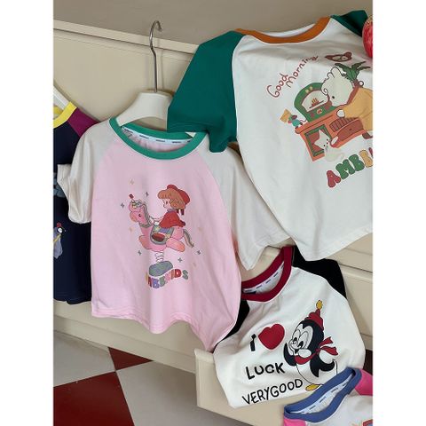 Áo Thun Cộc Tay Phối Màu Cho Bé Gái - Thiết Kế Hoạt Hình Dễ Thương, Cotton Mềm Mịn, Thoải Mái Vận Động, Size 2-10 Tuổi