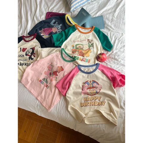 Áo Thun Cộc Tay Phối Màu Cho Bé Gái - Thiết Kế Hoạt Hình Dễ Thương, Cotton Mềm Mịn, Thoải Mái Vận Động, Size 2-10 Tuổi