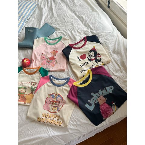 Áo Thun Cộc Tay Phối Màu Cho Bé Gái - Thiết Kế Hoạt Hình Dễ Thương, Cotton Mềm Mịn, Thoải Mái Vận Động, Size 2-10 Tuổi