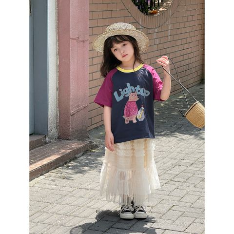 Áo Thun Cộc Tay Phối Màu Cho Bé Gái - Thiết Kế Hoạt Hình Dễ Thương, Cotton Mềm Mịn, Thoải Mái Vận Động, Size 2-10 Tuổi
