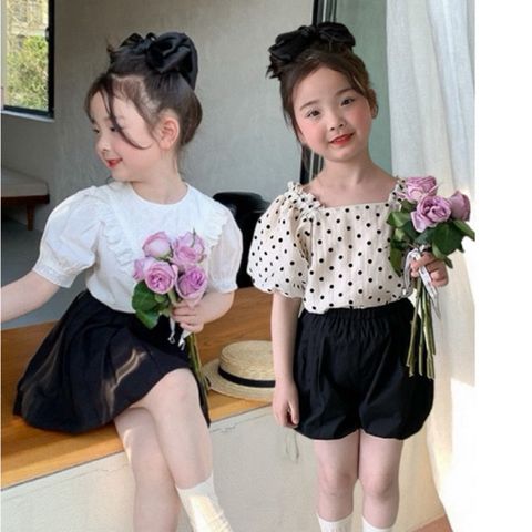 Áo Ren Sơ Mi Ngắn Tay Dễ Thương & Chân Váy Xếp Ly Cho Bé Gái - Thời Trang Mùa Hè Hàng Ambbkids Quảng Châu