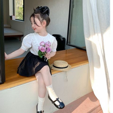 Áo Ren Sơ Mi Ngắn Tay Dễ Thương & Chân Váy Xếp Ly Cho Bé Gái - Thời Trang Mùa Hè Hàng Ambbkids Quảng Châu