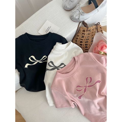 Áo Thun Ngắn Tay Hình Nơ Dễ Thương Cho Bé Gái - Phong Cách Hàn Quốc, Cotton Mềm Mịn, Hàng Ambbkids, Size 90-150cm