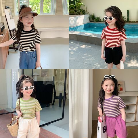 Áo Thun Ngắn Tay Kẻ Ngang Dễ Thương Cho Bé Gái 2-8 Tuổi - Chất Liệu Cotton Mềm Mại - Thời Trang Ambbkids Sành Điệu
