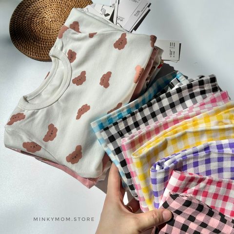 Bộ Dài Tay Họa Tiết Hoạt Hình Quần Kẻ Caro Phong Cách Hàn Quốc - Đồ Ngủ Dễ Thương Cho Bé Từ 8-19kg