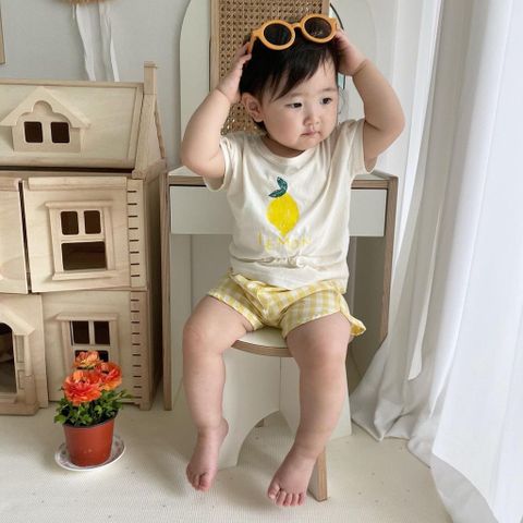 2023 Bộ Cộc Hoa Quả Phối Quần Kẻ Caro Phong Cách Hàn Quốc Cực Xinh Cho Bé Trai Bé Gái