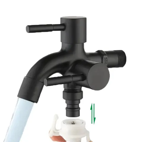 Vòi Nước Đôi Inox 304 Màu Đen Cao Cấp – Thiết Kế Một Đầu Vào Hai Đầu Ra, Dùng Cho Máy Giặt và Thiết Bị Khác