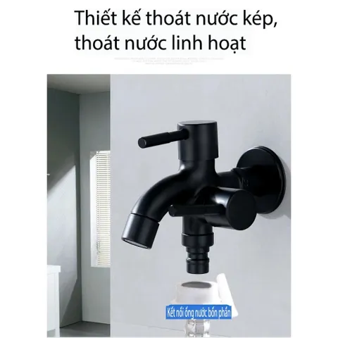 Vòi Nước Đôi Inox 304 Màu Đen Cao Cấp – Thiết Kế Một Đầu Vào Hai Đầu Ra, Dùng Cho Máy Giặt và Thiết Bị Khác