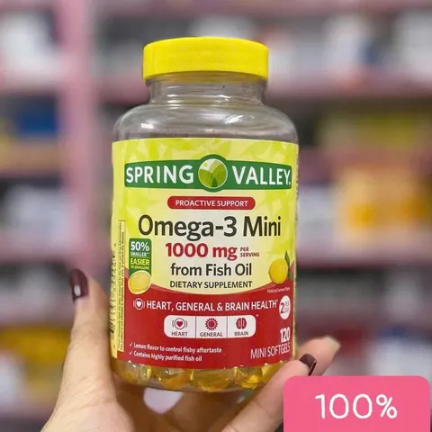 Viên uống Omega-3 Mini Spring Valley 1000mg từ Dầu Cá - Hỗ trợ Tim Mạch và Trí Não - 120 Viên Nhỏ Dễ Nuốt