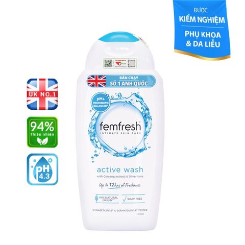 Dung dịch vệ sinh phụ nữ Femfresh Active Wash 250ml - Hàng Anh nhập khẩu, phù hợp cho phụ nữ năng động, không dị ứng, chăm sóc vùng kín tươi trẻ.