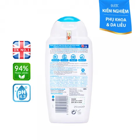 Dung dịch vệ sinh phụ nữ Femfresh Active Wash 250ml - Hàng Anh nhập khẩu, phù hợp cho phụ nữ năng động, không dị ứng, chăm sóc vùng kín tươi trẻ.