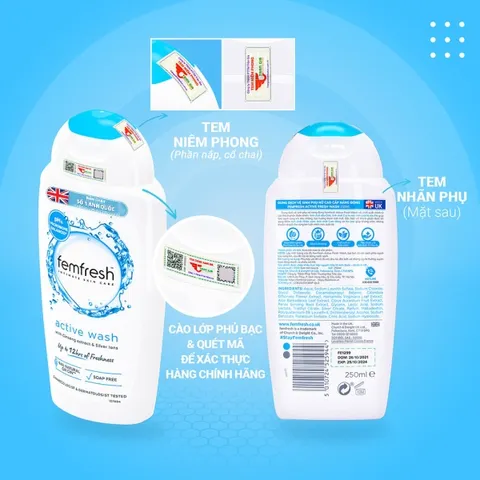 Dung dịch vệ sinh phụ nữ Femfresh Active Wash 250ml - Hàng Anh nhập khẩu, phù hợp cho phụ nữ năng động, không dị ứng, chăm sóc vùng kín tươi trẻ.