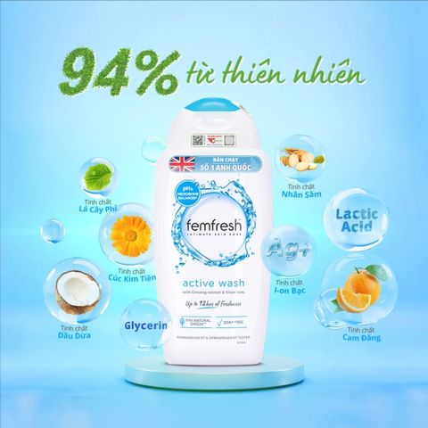 Dung dịch vệ sinh phụ nữ Femfresh Active Wash 250ml - Hàng Anh nhập khẩu, phù hợp cho phụ nữ năng động, không dị ứng, chăm sóc vùng kín tươi trẻ.