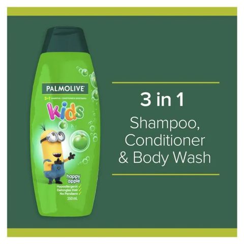 Sữa Tắm Gội Xả 3 Trong 1 Palmolive Kids Happy Apple 350ml - Dưỡng Tóc An Toàn, Không Gây Dị Ứng, Dành Cho Trẻ Em