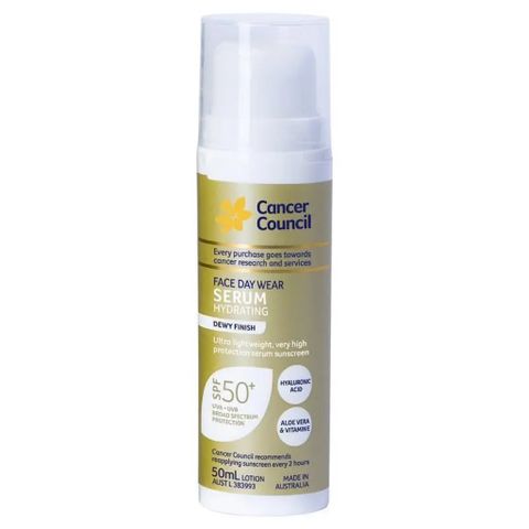 Serum Dưỡng Ẩm Chống Nắng Cancer Council Face Day Wear SPF50+ 50ml - Chống UVA/UVB, Dành Cho Mọi Loại Da, Phù Hợp Trang Điểm