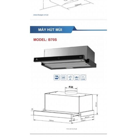 Máy Hút Mùi Âm Tủ Blueger B70SA - Điều Khiển Cảm Ứng 3 Cấp Độ, Khử Ồn, Tính Năng Vẫy Tay, Công Suất 1000 CBM - Thiết Kế Hiện Đại Cho Nhà Bếp