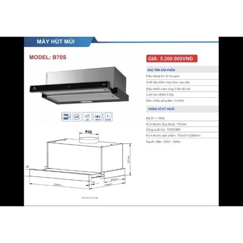 Máy Hút Mùi Âm Tủ Blueger B70SA - Điều Khiển Cảm Ứng 3 Cấp Độ, Khử Ồn, Tính Năng Vẫy Tay, Công Suất 1000 CBM - Thiết Kế Hiện Đại Cho Nhà Bếp