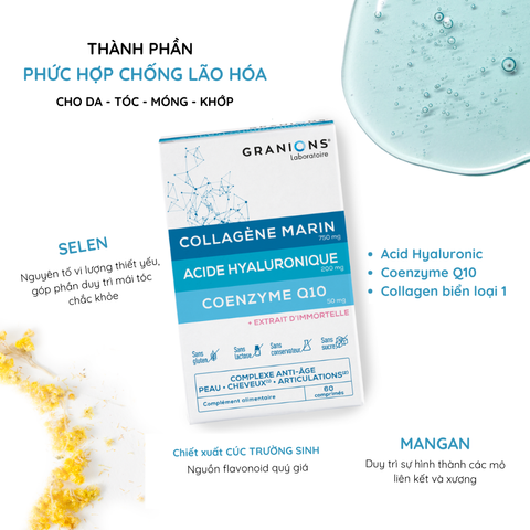 Viên Uống Granions Marine Collagen + Hyaluronic Acid + Coenzyme Q10 – Hộp 60 Viên (Pháp)