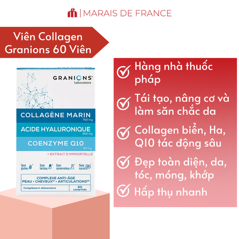 Viên Uống Granions Marine Collagen + Hyaluronic Acid + Coenzyme Q10 – Hộp 60 Viên (Pháp)