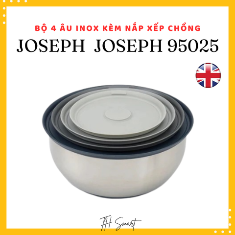 Set 4 Âu Inox JOSEPH JOSEPH 95025 Kèm Nắp Xếp Chồng - Dụng Cụ Nhà Bếp Đa Năng, Tiết Kiệm Không Gian và Thời Gian Sơ Chế Thực Phẩm