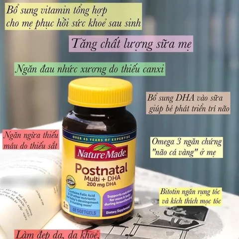 Vitamin Dành Cho Phụ Nữ Sau Sinh Nature Made Postnatal Multi + DHA 200mg 60 Viên, Bổ Sung Dinh Dưỡng Cho Mẹ Và Bé, Hàng Nhập Mỹ