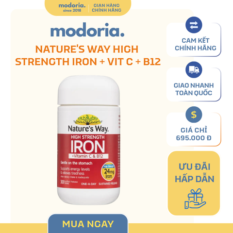Viên Uống Bổ Sung Sắt Hữu Cơ Nature’s Way High Strength Iron + Vitamin C B12 24mg - 30 Viên Tiện Dụng Từ Úc