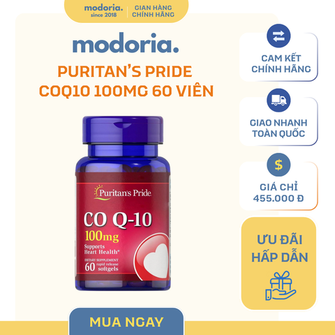 Viên uống bổ tim CoQ10 Puritan’s Pride 100mg - 60 viên nang mềm hỗ trợ sức khỏe tim mạch hàng ngày từ Mỹ