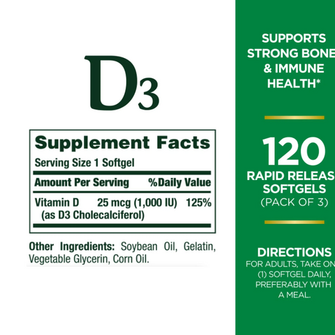 Viên Uống Bổ Sung Vitamin D3 Nature’s Bounty 1000IU - 120 Viên Dinh Dưỡng Hỗ Trợ Sức Khỏe, Tiện Dùng Mỹ