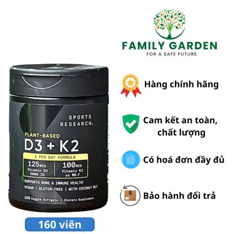 Viên uống Vitamin D3 K2 Sports Research - Hỗ trợ xương chắc khỏe, tăng cường miễn dịch - 160 viên cho người lớn tuổi và người ít tiếp xúc nắng