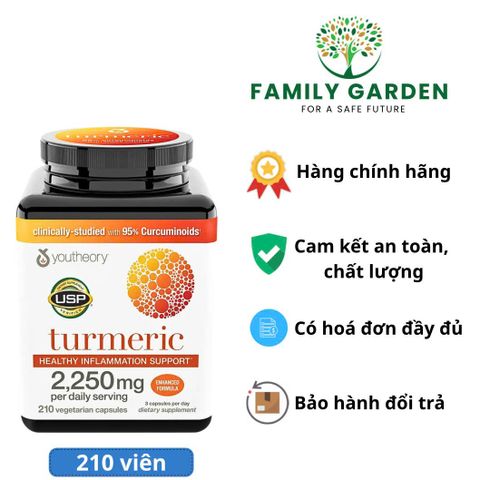 Viên uống Extract Curcumin Youtheory Turmeric 2.250mg - Tăng cường sức đề kháng, hỗ trợ tiêu hóa, làm đẹp da - Hộp 210 viên của Mỹ