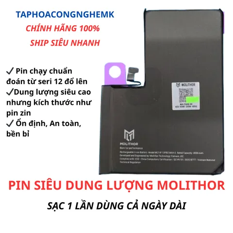 Pin iPhone Dung Lượng Cao Chính Hãng Molithor - Hiệu Suất Ổn Định, An Toàn, Bền Bỉ, Phù Hợp Từ iPhone 12 Trở Lên