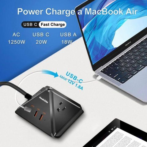 Ổ Cắm Điện Đa Năng HeahGite GL202007 - Thiết Kế Kim Tự Tháp Độc Đáo, 3 Ổ Cắm AC, 3 Cổng Sạc USB Nhanh, Bảo Vệ Quá Tải, Dài 2.4m