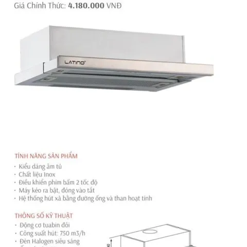 Máy Hút Mùi Latino LT AT-700G - Thiết Kế Sang Trọng, Công Suất 750m3/h, Độ Ổn Thấp <48dB, Bảo Hành 3 Năm Chính Hãng
