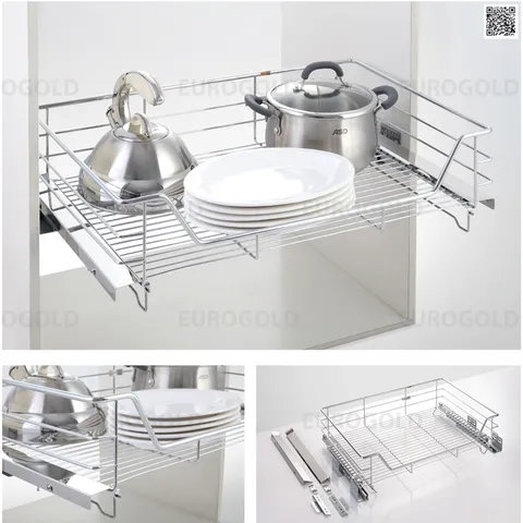 Giá xoong nồi Eurogold inox 201 mạ Crom , Thiết kế dạng nan thông thoáng,Ray giảm chấn ,Khay nhựa hứng nước