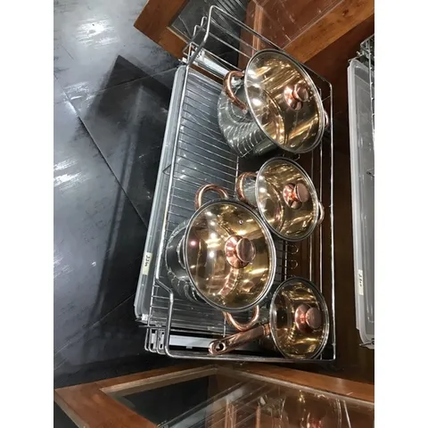 Giá xoong nồi Eurogold inox 201 mạ Crom , Thiết kế dạng nan thông thoáng,Ray giảm chấn ,Khay nhựa hứng nước