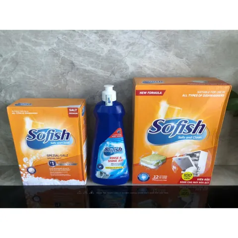 Bộ Sản Phẩm Sofish [Viên Rửa Bát + Nước Làm Bóng + Muối] - Chuyên Dụng Cho Máy Rửa Chén Hiệu Quả, Sạch Sáng Bóng 500ML, 1.6KG