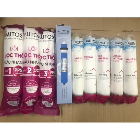 Bộ 9 Lõi Lọc Nước MUTOSI Chính Hãng - Thay Thế Model MP390U, Bao Gồm Lõi Đúc, RO, T33-Gac, Alkaline Hydrogen, Nano Silver