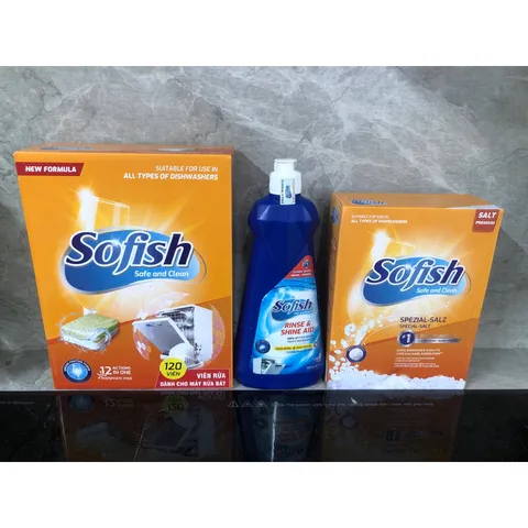 Viên Rửa Bát SOFISH 120 Viên + Muối 1,6Kg + Nước Bóng 500ML - Giải Pháp Tối Ưu Cho Máy Rửa Chén Hàng Chính Hãng