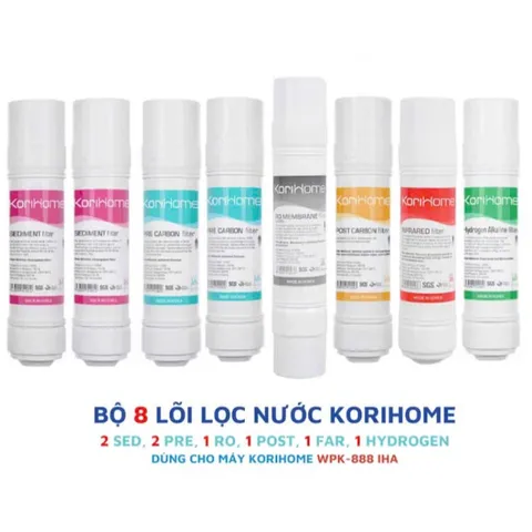 Bộ 8 Lõi Lọc Nước KORIHOME WPK-888IHA - Chính Hãng, Bao Gồm Lõi Sediment, Pre Carbon, RO, Post Carbon, Hydrogen Alkaline, Infrared