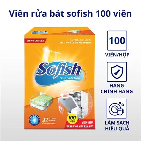 Viên Rửa Bát Sofish Hộp 100 Viên - Sạch Chuyên Dụng Cho Máy Rửa Chén, Hiệu Quả Nhanh Chóng, Không Mùi, An Toàn Khi Sử Dụng