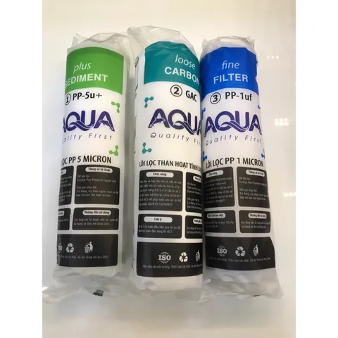 Bộ 3 Lõi Lọc Nước AQUA 123 Chính Hãng - Thay Thế Máy Lọc RO - Lõi PP 5 Micron, GAC Than Hoạt Tính, PP 1 Micron