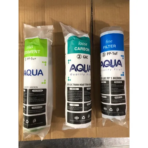 Bộ 3 Lõi Lọc Nước AQUA 123 Chính Hãng - Thay Thế Máy Lọc RO - Lõi PP 5 Micron, GAC Than Hoạt Tính, PP 1 Micron