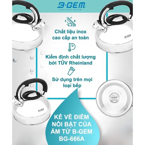Ấm đun từ Bgem 3L sử dụng Chất liệu inox cao cấp | Đun được với nhiều loại bếp như bếp điện, bếp từ, bếp gas,…