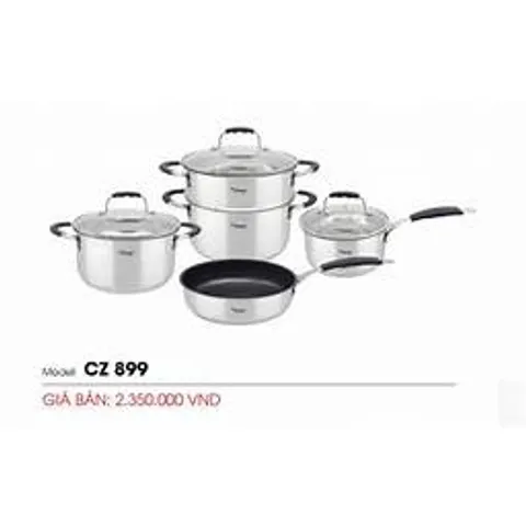 Bộ nồi Canzy CZ899 cao cấp 5 món Inox 201 sáng bóng - Nồi, chảo, xửng hấp an toàn sức khỏe, tiết kiệm năng lượng