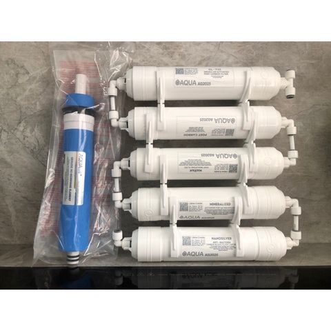 Bộ 6 Lõi Lọc Nước AQUA 456789 - Hàng Chính Hãng Dành Cho Máy Lọc RO - Lõi Màng RO, GAC, Post Carbon, Maifan, Mineral, Nano Bạc