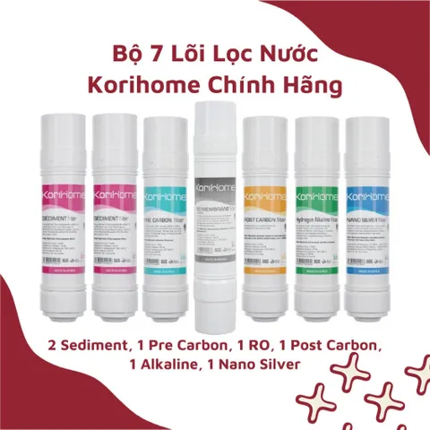 Bộ 7 Lõi Lọc Nước Korihome Chính Hãng - Lõi Sediment, Pre Carbon, RO, Post Carbon, Hydrogen Alkaline, Nano Silver - 100% Chất Lượng Cao