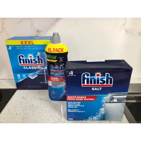 COMBO 3 Sản Phẩm FINISH [Hộp 90 Viên + Muối 2Kg + Nước Bóng 800ML] - Hàng chính hãng - Chuyên dùng cho các loại máy rửa